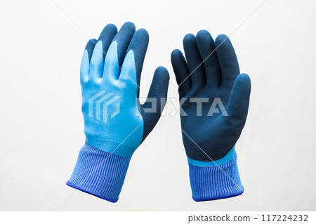 Warm winter rubberized gloves with fur, white background 117224232