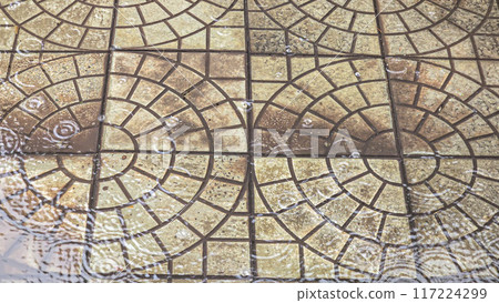 Street tiles wet from rain. Different textures of stone. Large drops and puddles Street tiles wet from rain. Different textures of stone. Large drops and puddles 117224299