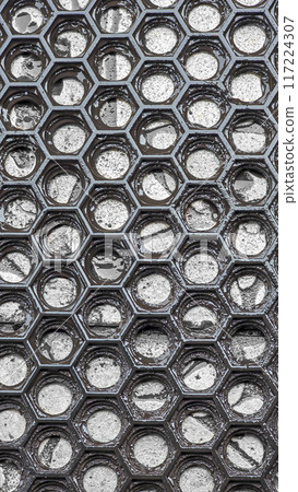 A rubber honeycomb mat lies in the rain. Household. A rubber honeycomb mat lies in the rain. Household. 117224307