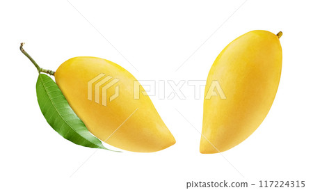 Ripe Mango with green leaf isolated on white background. Clipping path. 117224315