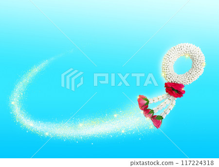 Thai jasmine garland has a magical floating effect. Mother's Day Symbol in Thailand to offer to a monk or Buddha on a blue background Thai jasmine garland has a magical floating effect. Mother's Day Symbol in Thailand to offer to a monk or Buddha on a blue background 117224318