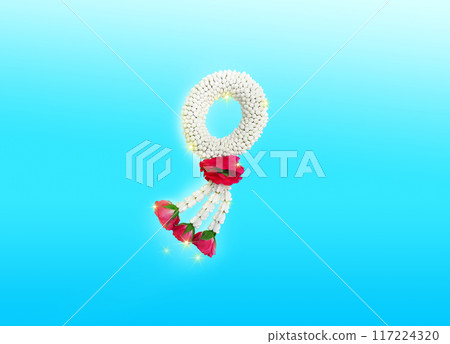 Thai jasmine garland symbolizing Mother's Day in Thailand to offer to monks or Buddhas on blue background. Thai jasmine garland symbolizing Mother's Day in Thailand to offer to monks or Buddhas on blue background. 117224320