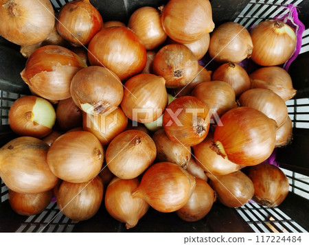 fresh onions in black basket It is widely edible due to its pungent flavor and distinctive aroma. 117224484
