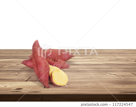 sweet potato on wooden table isolated on white background 117224547
