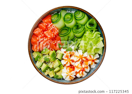 Hawaiian salmon poke bowl with avocado, Top view, white background Hawaiian salmon poke bowl with avocado, Top view, white background 117225345