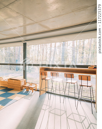 陽光透過樹林照射進來，照亮了桌子和椅子 117225379