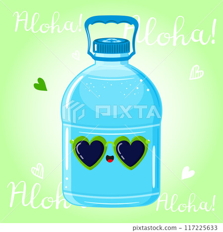 Cute funny Plastic Water Bottle character. Vector hand drawn cartoon kawaii character illustration icon. Isolated on green background. Plastic Water Bottle character concept. Aloha card 117225633