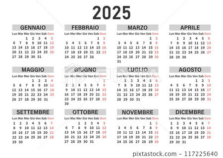 Classic horizontal calendar 2025 in Italian. Days, weeks and months. Print, vector 117225640
