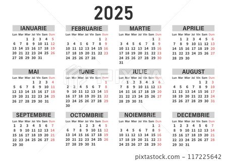 Classic horizontal calendar 2025 in Romanian. Days, weeks and months. Print, vector Classic horizontal calendar 2025 in Romanian. Days, weeks and months. Print, vector 117225642