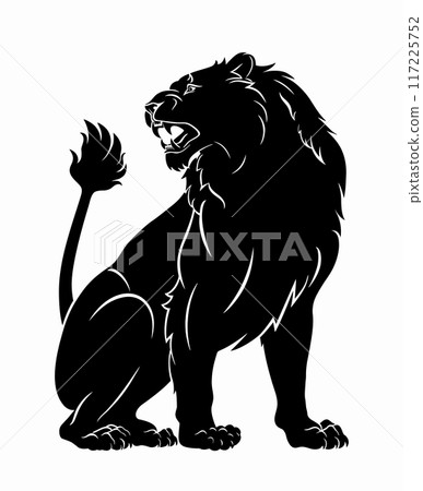 Bold black and white silhouette of a majestic lion in a seated pose for coats of arms, emblems, logo Bold black and white silhouette of a majestic lion in a seated pose for coats of arms, emblems, logo 117225752