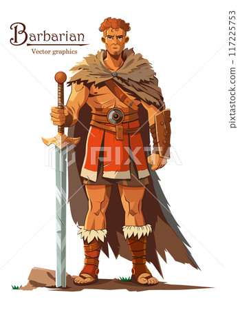 Full length manly barbarian with a large two-handed sword isolated on white 117225753