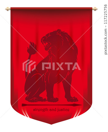 Red pennant, battle flag with the image majestic lion in a seated pose 117225756