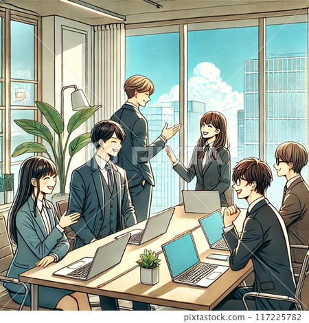 Employees gathered happily in the office 117225782