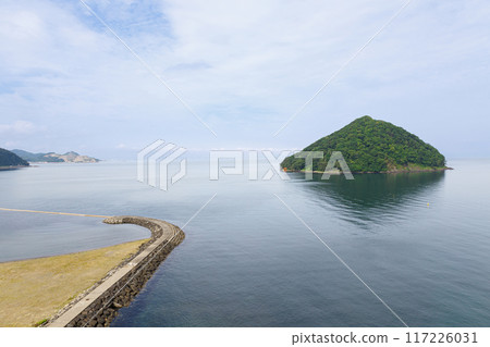 Yunoshima Island floating on the calm morning sea 117226031