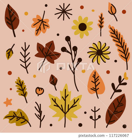 A set of multi-coloured autumn leaves on a light background. Yellow and red leaves are laid one by one and in pairs. 117226067