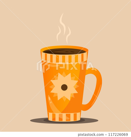 Autumn drink concept for postcard, card, for thematic banner, poster. Autumn hot drink in orange mug with highlights and shadows. Autumn drink concept for postcard, card, for thematic banner, poster. Autumn hot drink in orange mug with highlights and shadows. 117226069