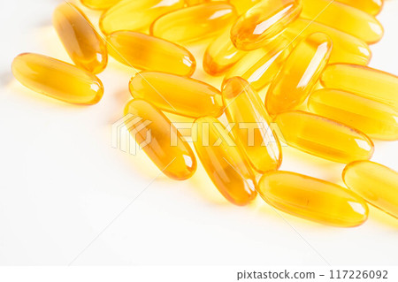 Fish oil capsules omega 3 vitamin with EPA and DHA on white background. Fish oil capsules omega 3 vitamin with EPA and DHA on white background. 117226092