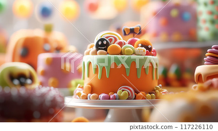 Halloween cake adorned with a playful assortment of candies and decorations 117226110