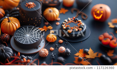 Halloween party spread with spider web cakes and chews 117226360
