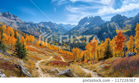 A scenic mountain trail winding through a vibrant autumn landscape 117226367