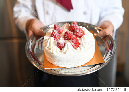 Hand holding a whole cake with short cream and strawberries 117226446