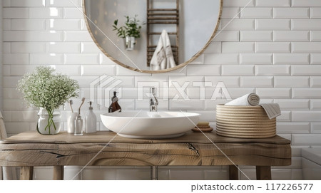 White porcelain sink on rustic wooden vanity in Scandinavian bathroom, subway tiles, round wooden frame mirror, soft lighting. Bathroom white sink wooden vanity White porcelain sink on rustic wooden vanity in Scandinavian bathroom, subway tiles, round wooden frame mirror, soft lighting. Bathroom white sink wooden vanity 117226577