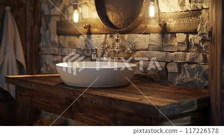 Rustic bathroom 3D model with white pedestal sink, wooden vanity, stone wall, vintage fixtures, cozy lighting. Bathroom white sink wooden vanity Rustic bathroom 3D model with white pedestal sink, wooden vanity, stone wall, vintage fixtures, cozy lighting. Bathroom white sink wooden vanity 117226578