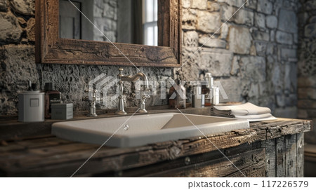 Earthy bathroom 3D model with pedestal sink, rustic vanity, stone wall, vintage fixtures, soft overhead lighting. Bathroom white sink wooden vanity Earthy bathroom 3D model with pedestal sink, rustic vanity, stone wall, vintage fixtures, soft overhead lighting. Bathroom white sink wooden vanity 117226579