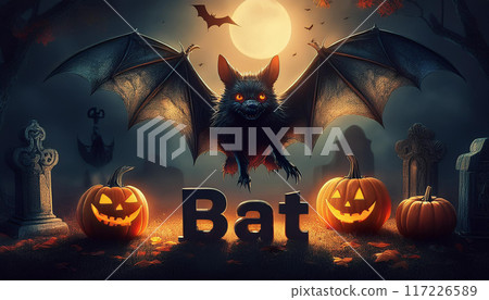 Text "Bat" with forest background, Halloween concept, festival. 117226589