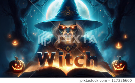Text "Witch" with forest background, Halloween concept, festival. Text "Witch" with forest background, Halloween concept, festival. 117226600