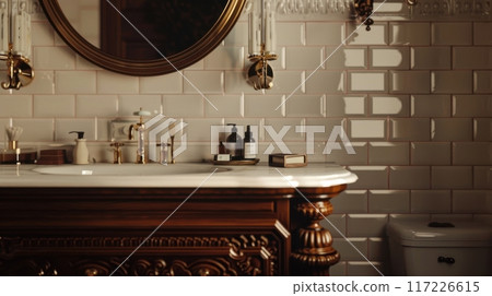 Elegant bathroom with vintage porcelain sink, ornate walnut vanity, brass fixtures, white subway tiles, antique decor. Bathroom white sink wooden vanity 117226615