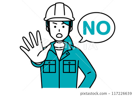 A female worker puts her right hand forward and says NO A female worker puts her right hand forward and says NO 117226639