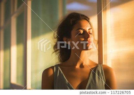 Tranquil Spa Moments: A Woman's Bliss in Golden Hour Glow 117226705