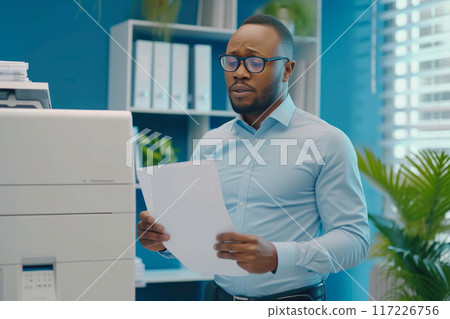 Professional African American Executive Utilizing Office Printer Professional African American Executive Utilizing Office Printer 117226756