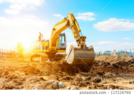 Heavy Equipment in Action: Backhoe Digging Earth 117226760