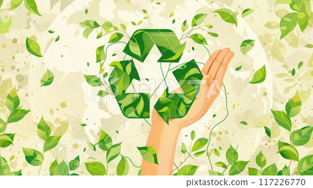 Icon featuring hand holding recycling symbol with green vines, earth tones background and curvature hint. Icon representing the ecological call to recycle 117226770