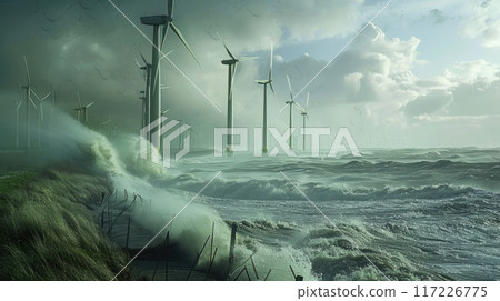 Windmill park by the sea in Netherlands, panoramic view with waves crashing, distant spinning turbines, nature and technology in harmony. Windmill park clean energy nehterlands 117226775