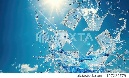 Water droplet recycling symbol icon with circular frame, clear blue sky and sun background, eco-friendly design. Icon representing the ecological call to recycle 117226779