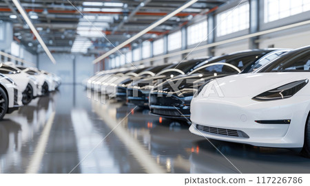 Modern car designs in clean and organized warehouse, finished electric vehicles lined up, bright and well-lit space. EV manufacturing Modern car designs in clean and organized warehouse, finished electric vehicles lined up, bright and well-lit space. EV manufacturing 117226786