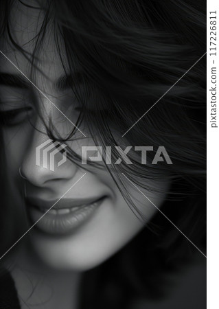 Timid Woman with Brown Hair: Smiling Behind Shadows 117226811
