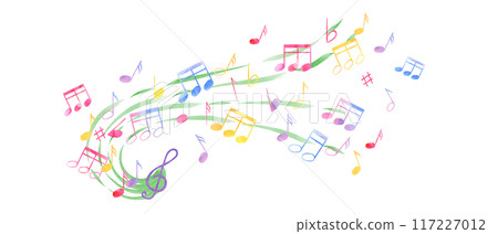 Multicolored music notes, treble clef. Notes flying through the waves of music. Rainbow color of note symbols. International Music Day. Watercolor illustration in classic style. For poster, postcard 117227012