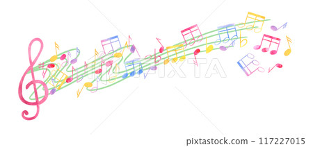 Multicolored music notes, treble clef. Notes flying through the waves of music. Rainbow color of note symbols. International Music Day. Watercolor illustration in classic style. For poster, postcard Multicolored music notes, treble clef. Notes flying through the waves of music. Rainbow color of note symbols. International Music Day. Watercolor illustration in classic style. For poster, postcard 117227015