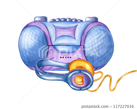 Audio cassette player with wired headphones. Tape recorder and Earpieces for listening to music. Retro 90s, Y2K style. Musical accessories. Watercolor illustration for poster, greeting, stationery 117227016