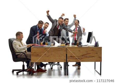 Noisy group of men, office workers watching soccer match and supporting favorite team against white studio background. 117227046