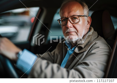 Executive Elegance: Senior Man in Car 117227107