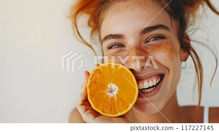 Energetic Lifestyle: Smiling Athlete Showcasing Vitality with a Ripe Orange 117227145