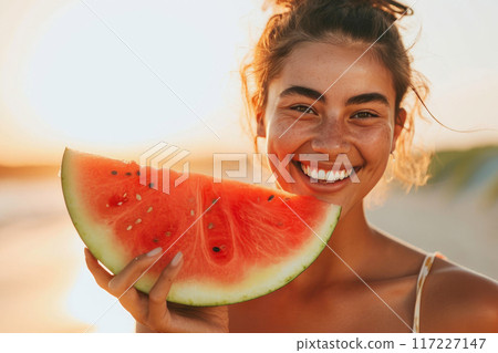Radiant Wellness: Smiling Athlete with Watermelon Delight Radiant Wellness: Smiling Athlete with Watermelon Delight 117227147