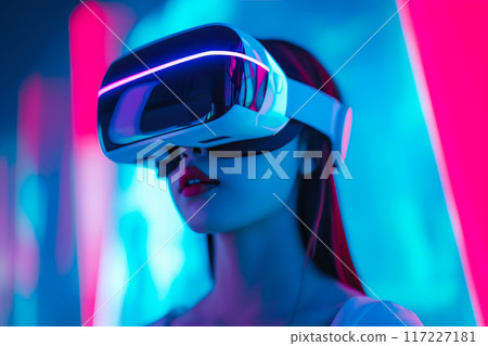 Modern Tech Chic: Portrait of Trendy Woman in Virtual Reality Modern Tech Chic: Portrait of Trendy Woman in Virtual Reality 117227181