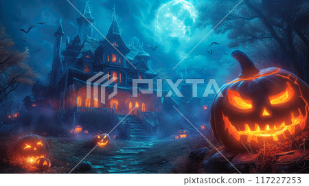 Ghostly Manor with Towering Halloween Pumpkins Ghostly Manor with Towering Halloween Pumpkins 117227253