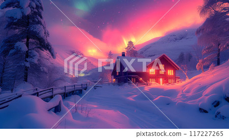 Vibrant Nordic Cabin: Winter Wonderland and Northern Lights 117227265